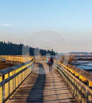 A lone man walking a long walk in a popular place in Olympia Washington