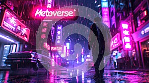 Lone man walks on cyberpunk city street in rain, neon sign Metaverse in dark urban grungy town. Concept of future, virtual reality