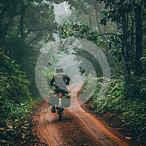 A lone motorcyclist rides along a muddy, winding road through a dense, mist-shrouded jungle, evoking a sense of adventure