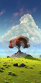 Lone Oak Tree On Volcano In Digital Fantasy Landscape Animation