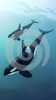 A lone orca whale majestically navigating the azure depths, its powerful form cutting through the calm, pristine waters