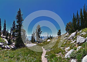 Lone Peak hiking trail view and surrounding landscape from Jacob’s Ladder, Wasatch Rocky Mountains, Utah