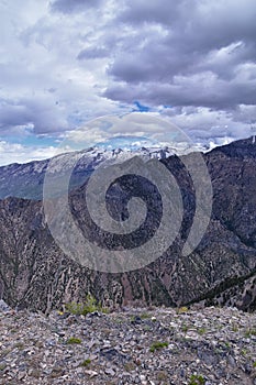 Lone Peak landscape view spring from Mount Mahogany trail, Wasatch Front Rocky Mountains, by Orem and Draper, Utah. United States.