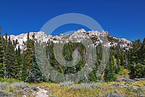 Lone Peak and surrounding landscape from Jacob’s Ladder hiking trail, Lone Peak Wilderness, Wasatch Rocky Mountains, Utah