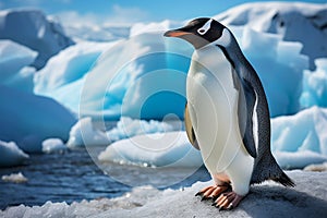 Lone penguin on beach, icebergs backdrop, Antarctic solitude captured