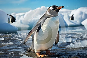 Lone penguin on beach, icebergs backdrop, Antarctic solitude captured