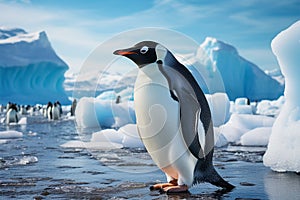 Lone penguin on beach, icebergs backdrop, Antarctic solitude captured