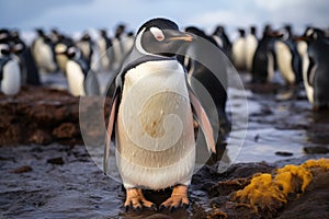 Lone penguin standing in mud in front of herd