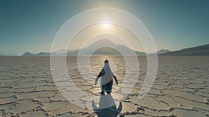 Lone penguin walking across vast salt flat desert under the sun with distant mountains representing isolation and resilience in photo