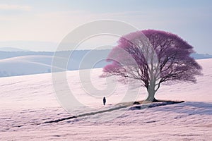 a lone person standing in front of a pink tree in the middle of a snowy field