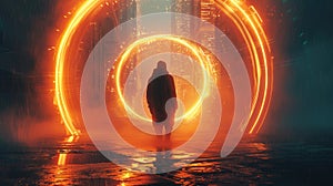Lone person walks to fire spatial portal in dark city, time traveler on urban background. Man on street at night. Concept of