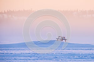 Lone Picnic Table In Snow on Frozen Lake, Yellowknife