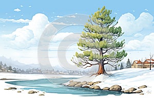 a lone pine tree standing near a partially frozen, snow-edged river