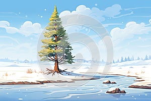 a lone pine tree standing near a partially frozen, snow-edged river