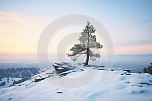 a lone pine tree summit with a snowy backdrop at dawn