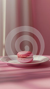 Lone pink macaron rests on a white plate, creating elongated shadows in a softly illuminated setting