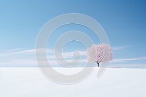 a lone pink tree in the middle of a snow covered field