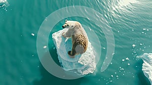 Osamelý polárny medveď nezakotvený na maličký ľadovec na more z podnebie. zachytil v prírodné svetlo 