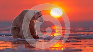 A lone polar bear sits on melting pack ice, its head turned toward the setting sun, a poignant symbol of the effects of climate