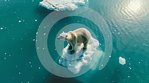 Lone polar bear on a small iceberg in the vast ocean. Wildlife in a changing climate. A serene, impactful environmental