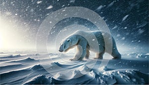 A lone polar bear walks on the frozen sea