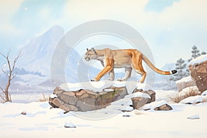 lone puma prowling at the edge of a snow-capped mountain