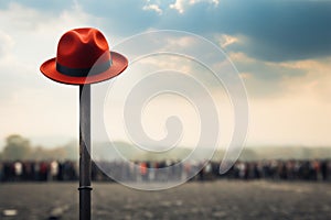 Lone red hat atop pole, sharply contrasts with blurred surroundings photo