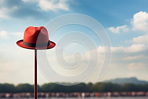 Lone red hat atop pole, sharply contrasts with blurred surroundings photo