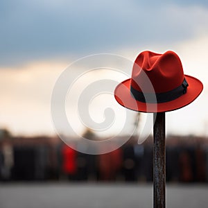 Lone red hat atop pole, sharply contrasts with blurred surroundings photo