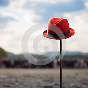 Lone red hat atop pole, sharply contrasts with blurred surroundings photo