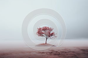 a lone red tree in a foggy field