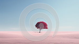 a lone red tree in the middle of a snow covered field