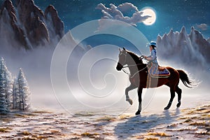 Lone Rider On Horseback In the Full Moon Night Generative AI