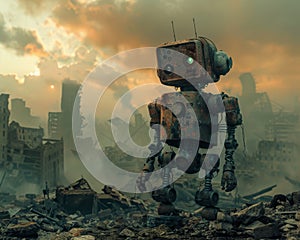 A lone robot in a post apocalyptic area standing in the wrecked city