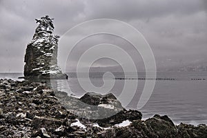 Lone rock in ocean with a tree on top in winter snow strom.