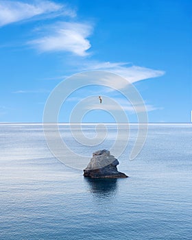 Lone rock over calm sea and flying bird over blue sky