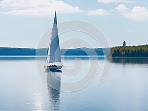 A lone sailboat gliding across the calm waters of a lake.