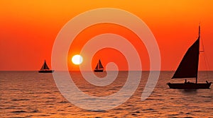 A lone sailboat silhouette on a neon-lit sea as the sun dips below the horizon