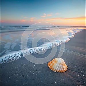 A lone shell stands out on the sandy coast of Myrtle Beach, greeting the first rays of dawn