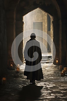 lone silhouette of a mysterious monk man in a medieval city alley. monk, witch, mage, wizard.