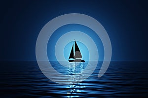 A lone silhouette sailboat on a calm blue sea. 3d render