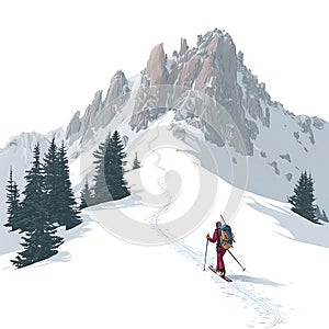 A lone skier with a backpack ascends a snow-covered mountain path, leaving a photo
