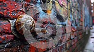 A lone snail makes its way up the side of a graffiticovered brick wall leaving a shiny trail of slime in its wake. Its