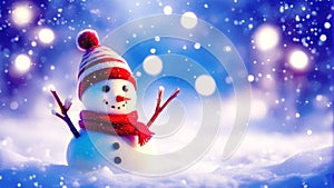 A lone snowman surrounded by falling snow shimmers with mesmerizing light bokeh