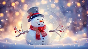 A lone snowman surrounded by falling snow shimmers with mesmerizing light bokeh