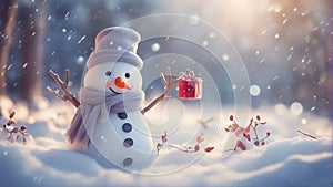 A lone snowman surrounded by falling snow shimmers with mesmerizing light bokeh