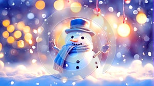 A lone snowman surrounded by falling snow shimmers with mesmerizing light bokeh