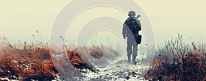 Lone soldier walking through a misty, frost-covered field in winter