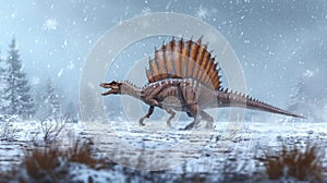 A lone spinosaurus trudging through a whiteout snowstorm using its large saillike structure to maintain balance in the photo