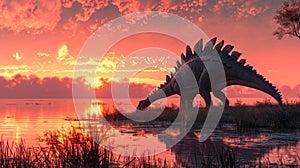 A lone stegosaurus cautiously grazes on lowlying vegetation near a peaceful lake its distinctive plates creating a